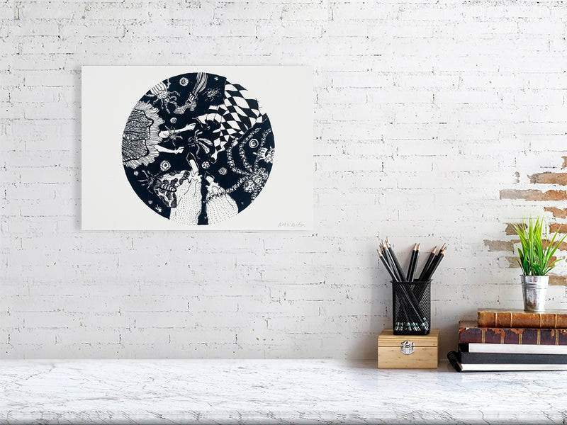 Ballroom Toes Giclée print A3 size by Maria Pelton showing whimsical insect characters inspired by Baroque dress