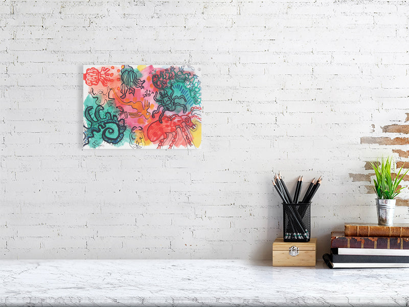 Playful 4 Giclée print A4 size by Maria Pelton showing colourful creatures inspired by mythic cave art