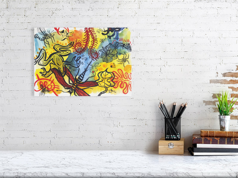 Playful 6 Giclée print A3 size by Maria Pelton showing colourful creatures inspired by mythic cave art