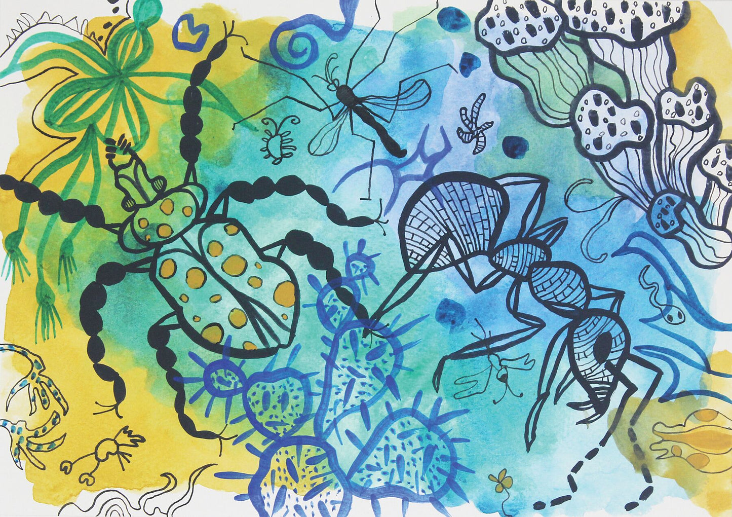 Playful 3 watercolour painting by Maria Pelton showing colourful creature inspired by mythic cave art