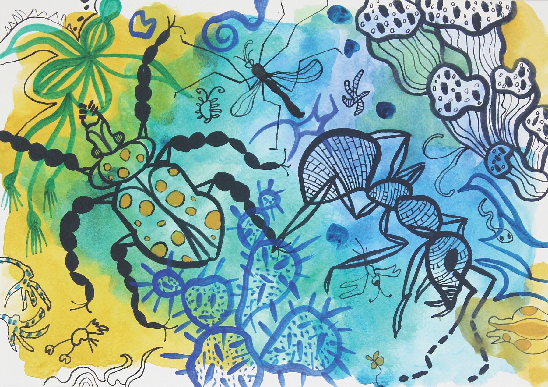 Playful 3 watercolour painting by Maria Pelton showing colourful creature inspired by mythic cave art
